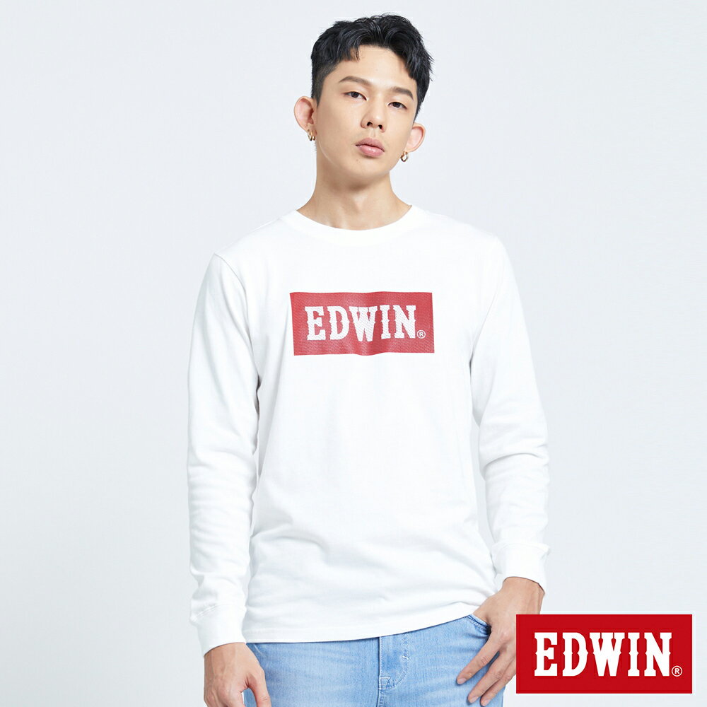 EDWIN 經典仿繡大LOGO BOX長袖T恤-男款 白色
