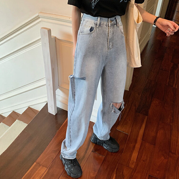 做舊破洞拖地闊腿褲牛仔褲女年新款褲子春季高腰寬松直筒長褲