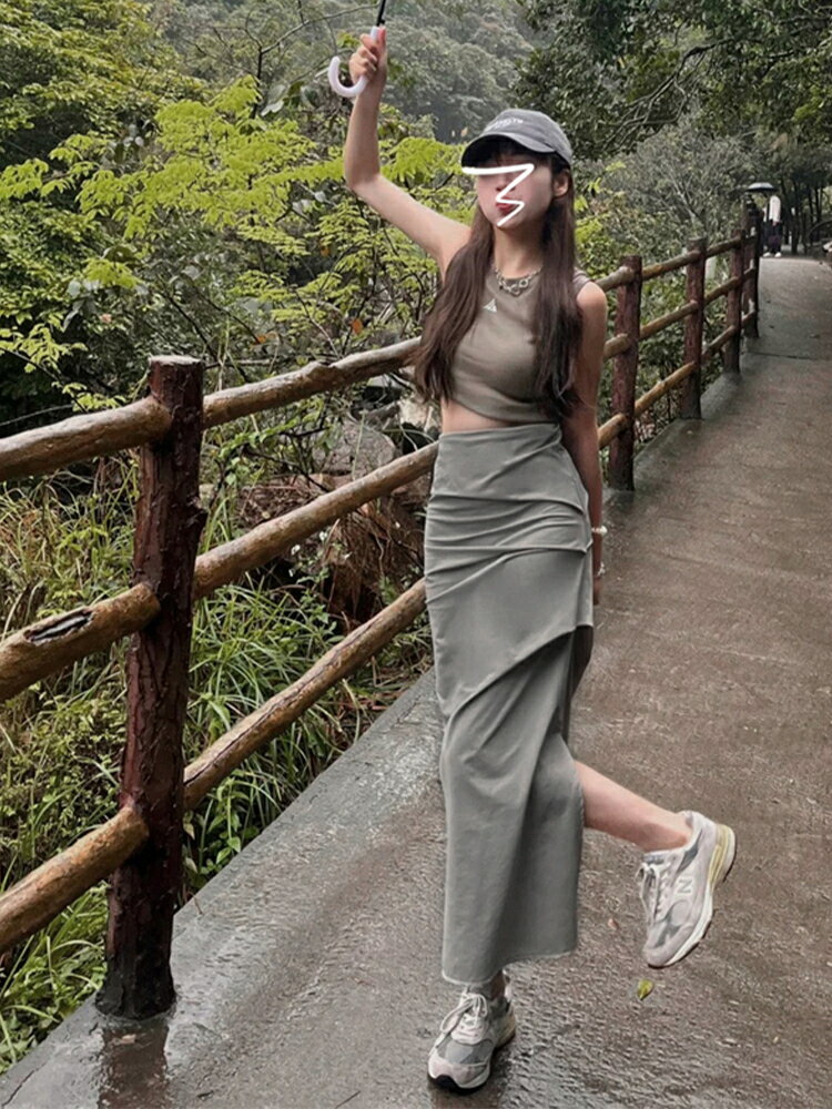 灰色工裝半身裙子女春秋季2024新款高腰顯瘦a字褶皺半裙包臀長裙