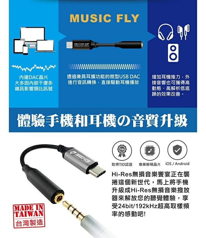 SEEHOT Music Fly Type-C轉3.5mm DAC 微型耳擴單源解碼器 外接式音效卡 贈OTG轉接頭【領券滿額再折千12/31止】 3