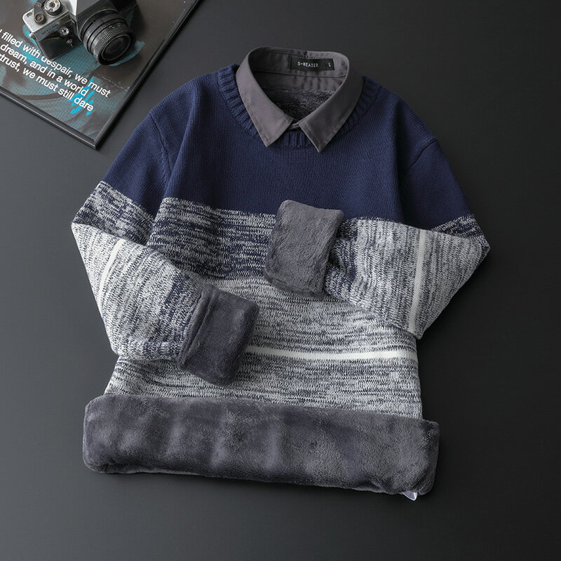 加絨加厚條紋假兩件襯衫領男士青年毛衣修身保暖有領毛衫針織衫D