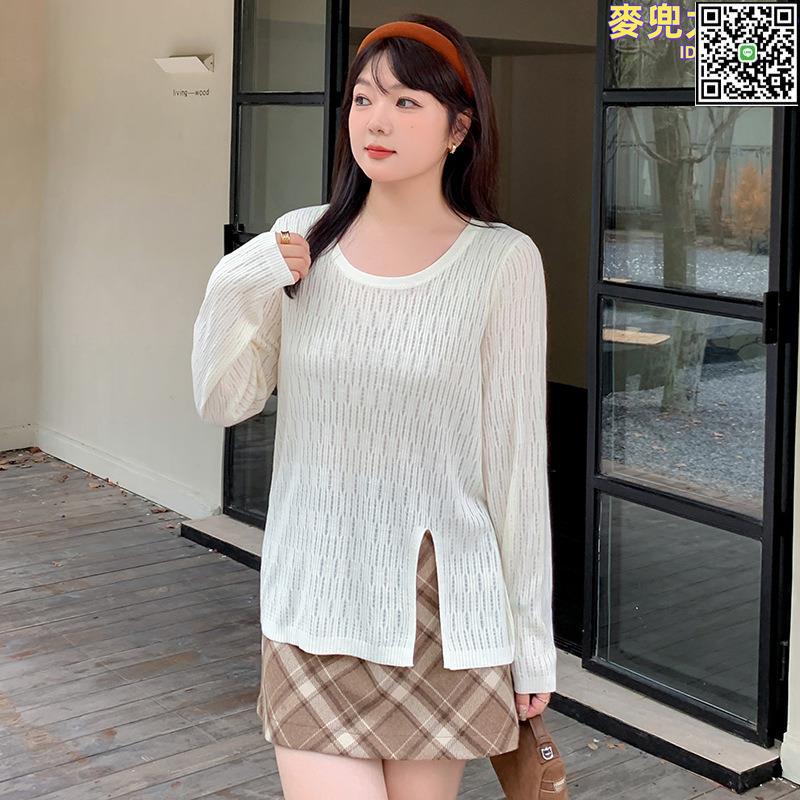 【全球優品滙】大碼女裝設計感鏤空開叉上衣2024秋胖mm休閒百搭長袖針織衫22710