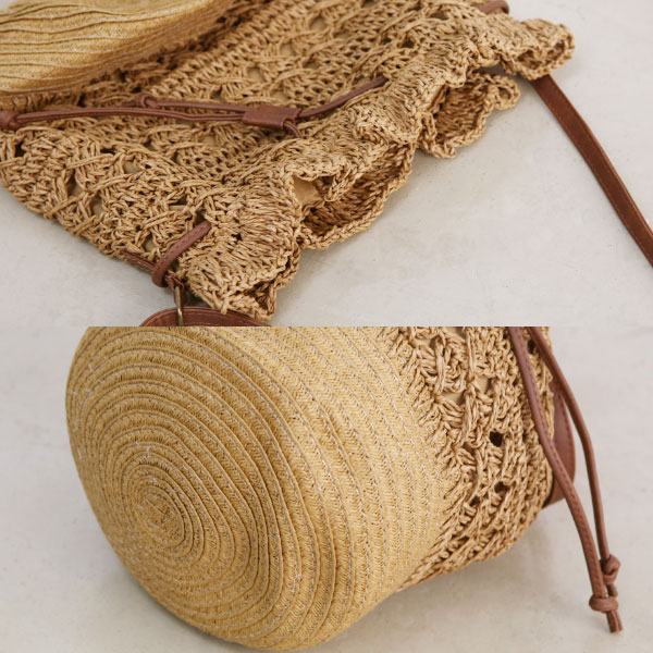 草編水桶包 草編包 編織包 藤編包 束口包 縮口包 背包 側背包 斜跨包 肩背包 拉繩 小包 花 民族圖騰 韓 ANNA S. 1