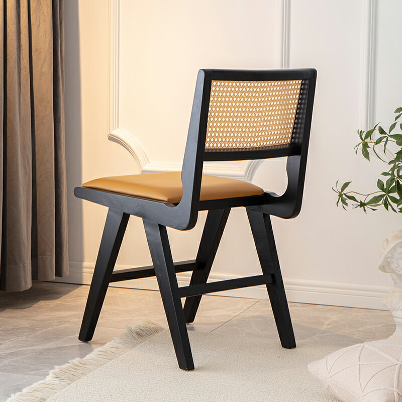 軟包實木餐椅家用日式復古藤編椅子原木餐桌椅書房凳子書桌靠背椅