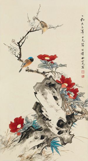 仿古畫名畫復製品田世光白梅山茶花中國畫花鳥畫名人字畫裝飾畫