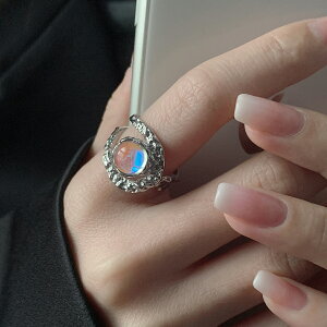 小寶s925純銀炫彩水晶錘紋肌理開口戒指女小眾設計時尚高級冷淡風