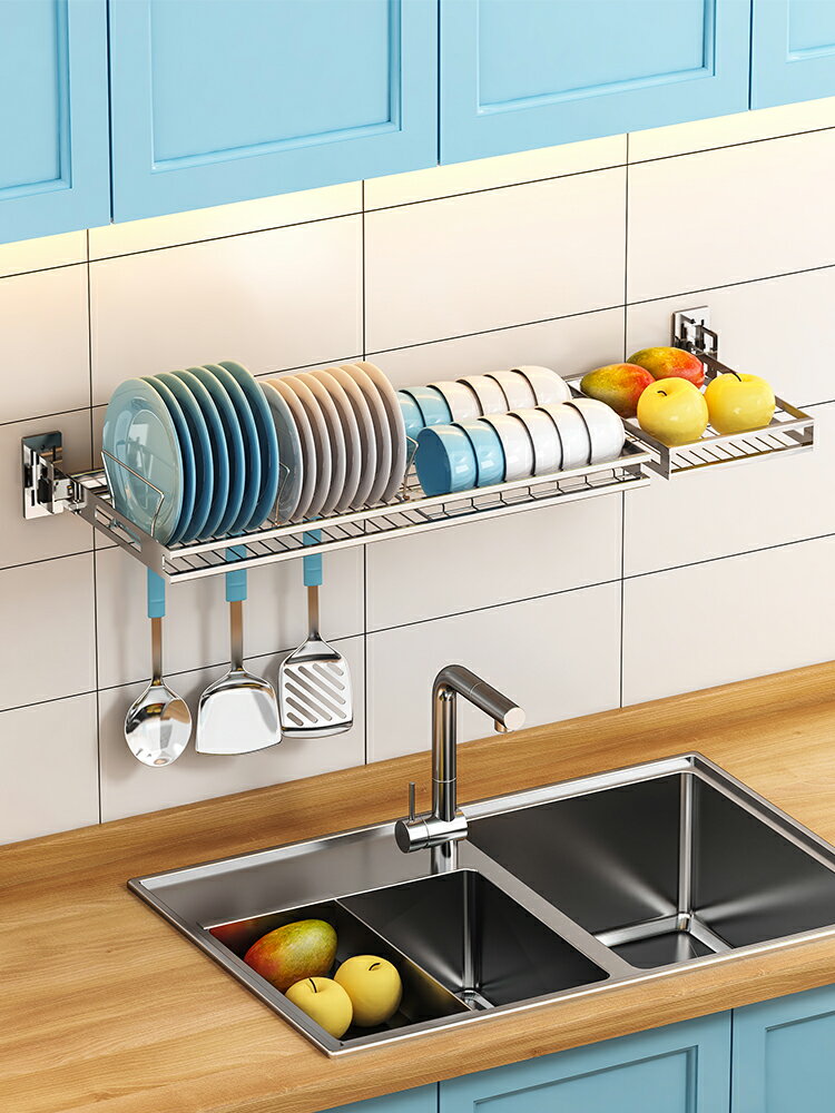免打孔廚房放碗架水槽上方置物架壁掛式晾碗碟架瀝水架304不銹鋼