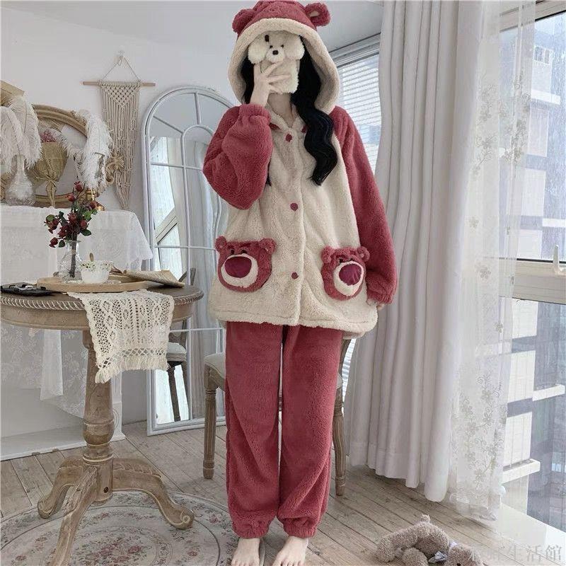 珊瑚絨睡衣女冬季韓版可愛小熊連帽法蘭絨加厚保暖家居服冬天套裝