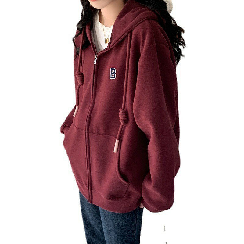 加厚外套 衛衣外套 連帽外套 外套 薄外套 加絨寬鬆連帽衛衣女秋冬2025新款酒紅色拉鍊開衫加厚外套女慵懶風 治裝激推 1