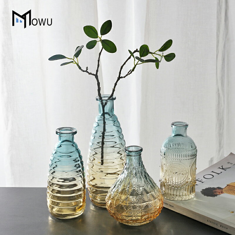 歐式小清新復古浮雕透明玻璃花瓶擺件客廳插花器北歐家居軟裝飾品