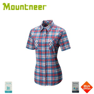 【Mountneer 山林 女 彈性抗UV格子襯衫《紅》】31B02/短袖襯衫/防曬短袖/抗UV/戶外
