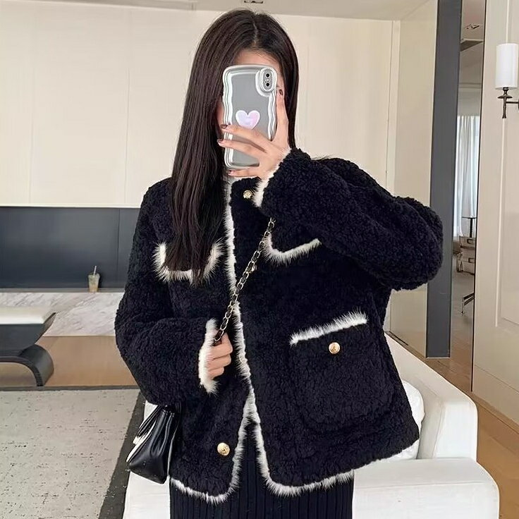 FUXI 小香風羊羔毛外套女 毛絨外套 韓版寬鬆加厚毛毛外套 黑色外套 小個子外套 女裝 衣服