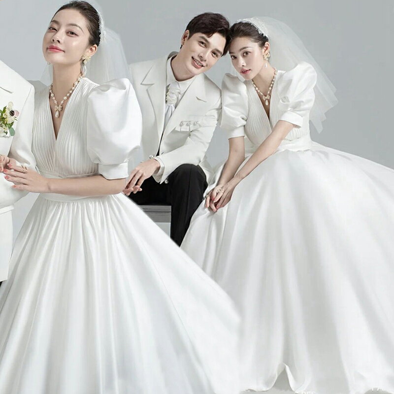 影樓主題服裝情侶寫真禮服韓式拍照攝影婚紗復古白色緞面泡泡袖裙