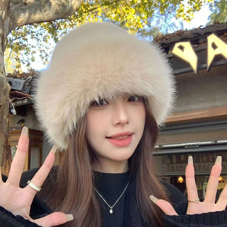 冬季大頭圍毛絨毛毛狐狸洋氣顯臉小盆帽 加厚貂毛帽 仿皮蒙古保暖護耳雪地帽 兔毛帽顯臉小保暖漁夫雷鋒帽潮漁夫帽