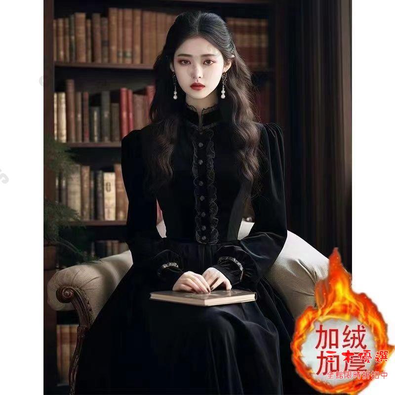 尾牙禮服 洋裝 法式復古宮廷風黑色絲絨連衣裙女秋冬宴會禮服高階感氣質顯瘦長裙交換禮物 三木優選