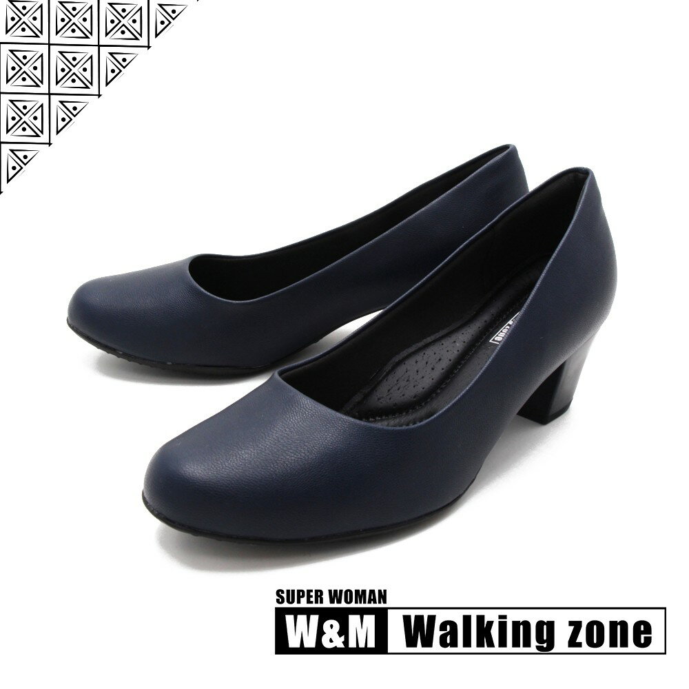 WALKING ZONE SUPER WOMAN系列 圓頭素面中跟淑女鞋上班鞋 女鞋－藍(另有黑、卡其)