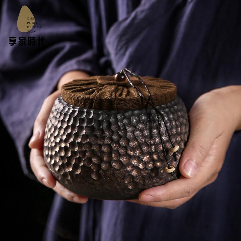 大號錘紋 陶瓷 茶葉罐 日式鎏金鐵釉茶罐儲物罐手工 復古 茶倉普洱罐xj7251