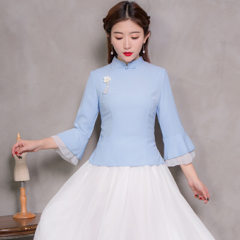 春季新款中國風民國旗袍茶服日常文藝復古中式唐裝上衣茶藝服