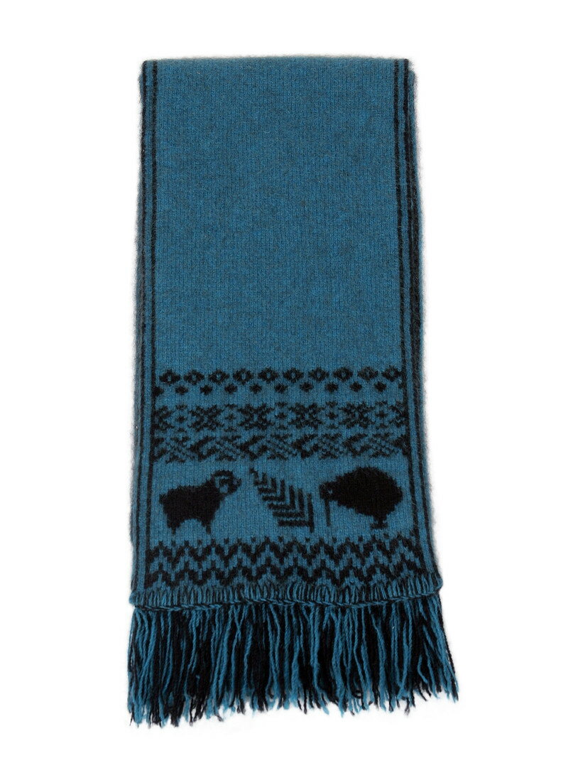 紐西蘭貂毛羊毛圍巾*超輕暖*紐西蘭圖騰(奇異鳥蕨葉羊)*雙面藍綠/黑