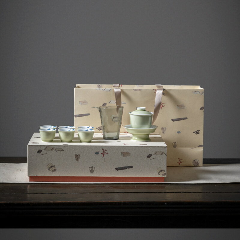手繪竹隱蓋碗整套茶具陶瓷套組功夫茶具禮盒套裝家用高檔會客組合