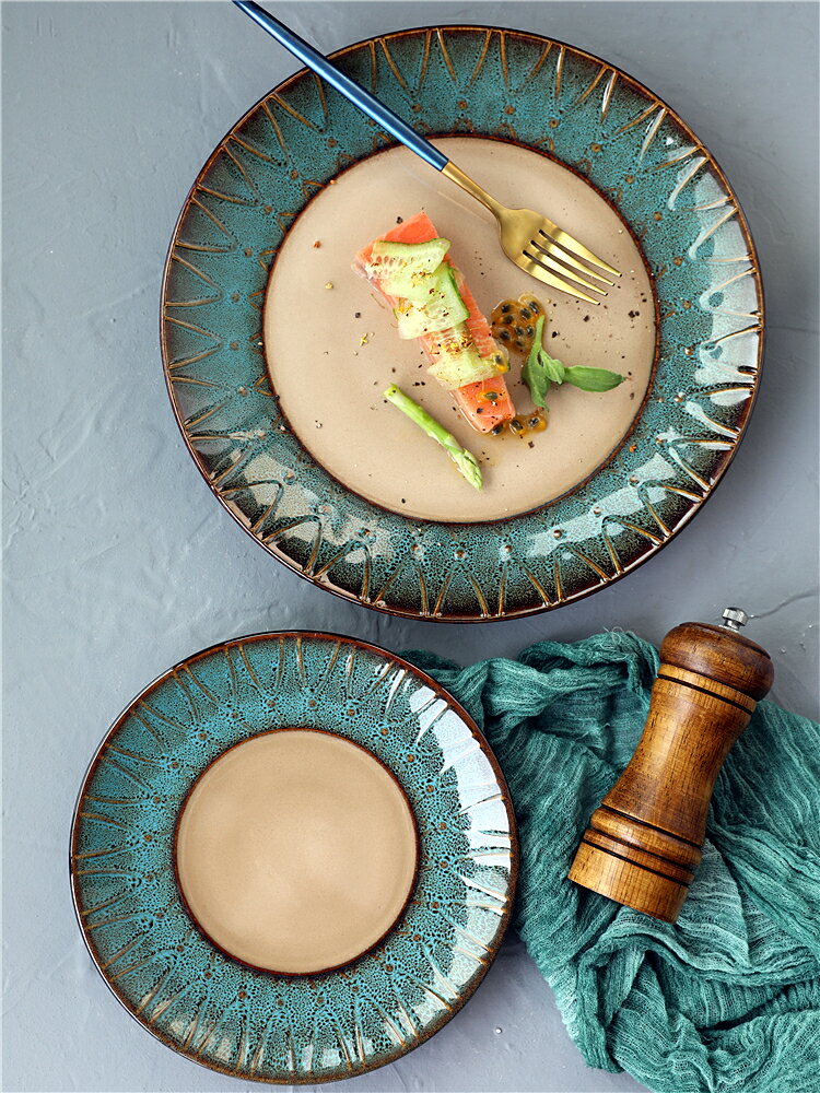 歐式孔雀紋藍綠色大盤創意餐盤圓形牛排盤陶瓷平盤菜盤西餐餐具