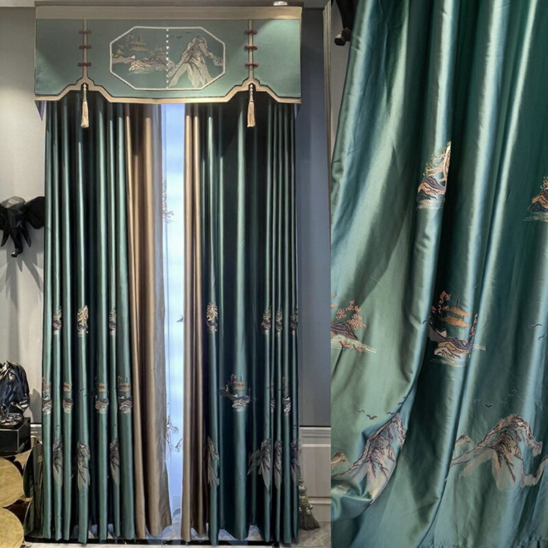 新中式山水畫庭園繡花窗簾布仿真絲綢緞客廳書房臥室刺繡紗簾定制