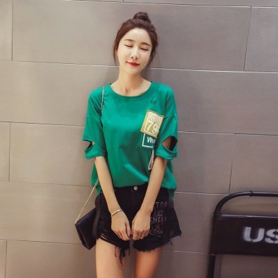 FINDSENSE G5 韓國時尚 夏季 寬鬆 破洞 貼佈 短袖 圓領 T恤 顯瘦 上衣