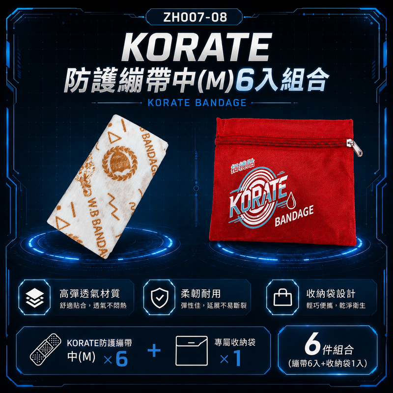 【淞康彈性繃帶(未滅菌)】ZH007-08- KORATE防護繃帶中(M)6入組合-扣繞貼彈力防護繃帶(M號*6)、隨身包*1 3