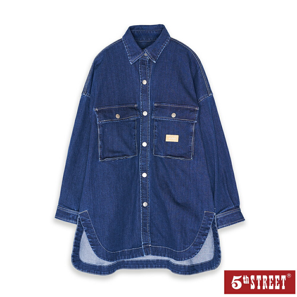 牛仔襯衫推薦到女寬版立體袋牛仔襯衫-中古藍【5th STREET】【APP下單享4%點數】就在5thSTREET官方旗艦店推薦牛仔襯衫