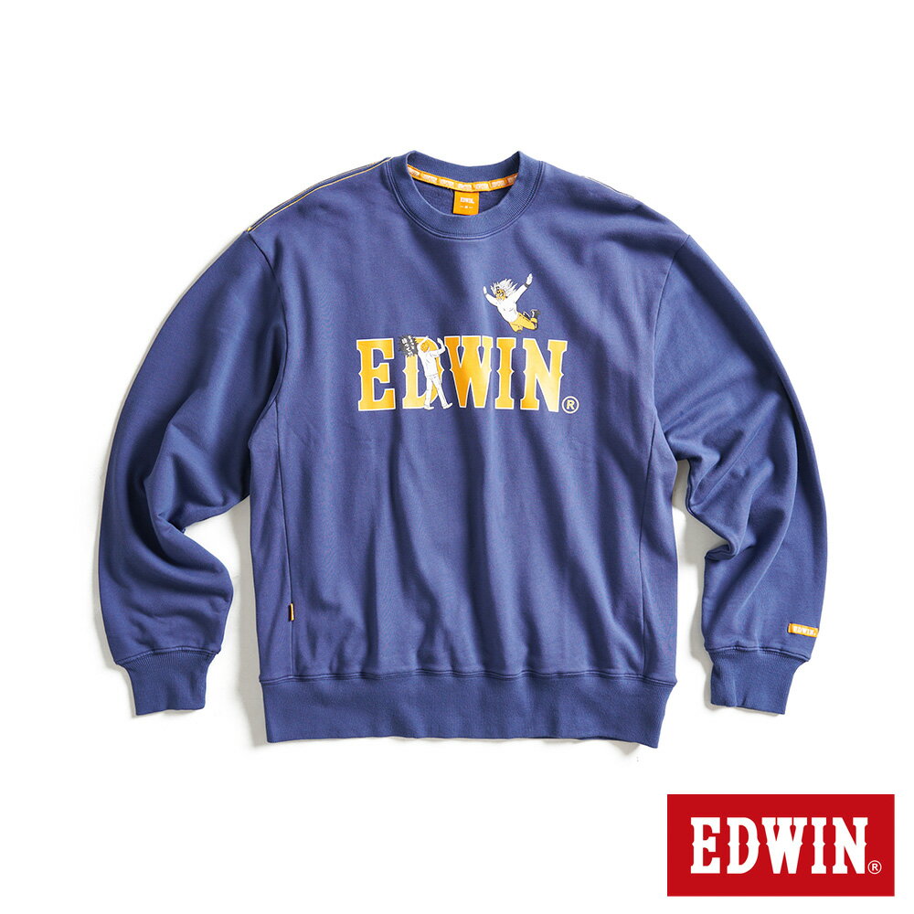 EDWIN 男款 橘標 摔角手E君飛撲印花LOGO寬版厚長袖T恤(灰藍色)