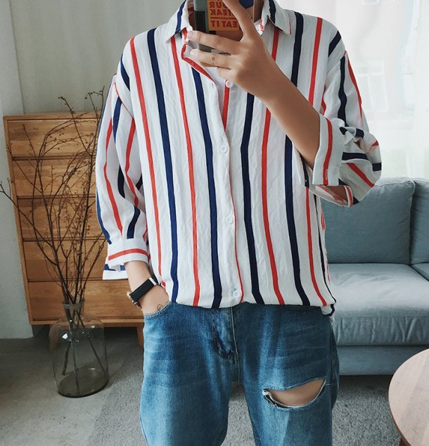 FINDSENSE H1 2018 夏季 新款 男 韓國 條紋 文藝 七分袖 寬鬆 短袖 大碼襯衫 潮上衣