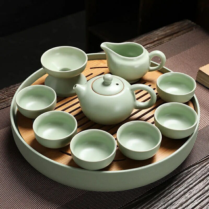 日式陶瓷大號干泡茶盤家用功夫茶具簡約儲水茶臺小型竹托盤圓形款