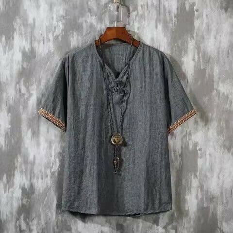 透氣速幹衣男|刺繡亞麻短袖T恤男|大碼40-95公斤男裝上衣|國風男裝短袖衫|短袖小衫夏複古半袖棉麻上韓係穿搭韓版衣服