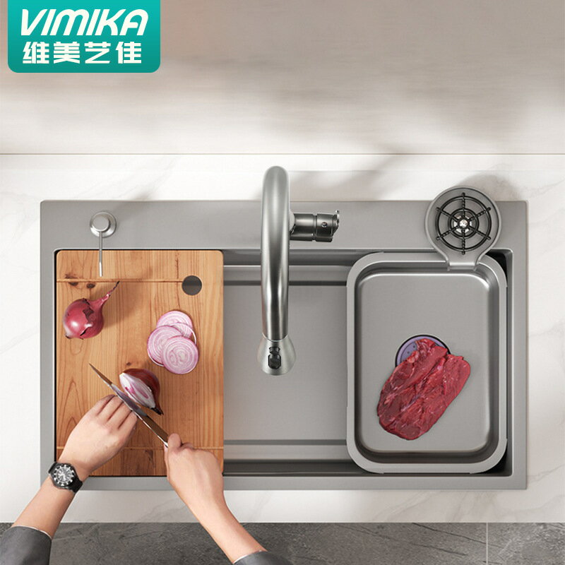 【喜挖】納米槍灰色水槽大單槽廚房304不銹鋼手工洗菜盆洗碗池台下盆家用 0