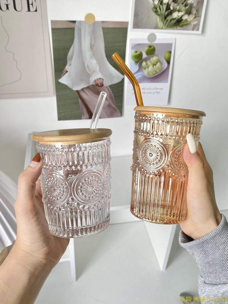 復古太陽花玻璃杯帶蓋帶吸管咖啡杯高顏值ins風浮雕家用喝水杯子