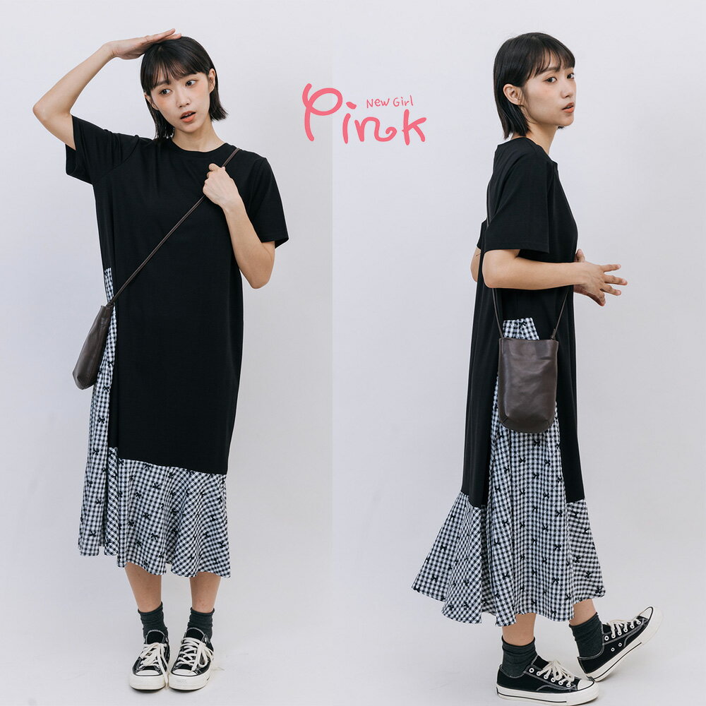 Pink日系甜美拼接格子洋裝