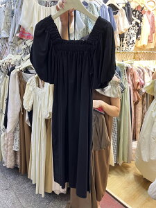韓國夏季氣質方領泡泡袖短袖中長款連身裙子洋裝女