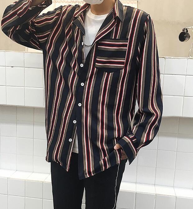 FINDSENSE Z1 韓國 時尚 潮 男 複古 翻領 寬鬆 寬條紋 長袖襯衫 條紋襯衫 上衣