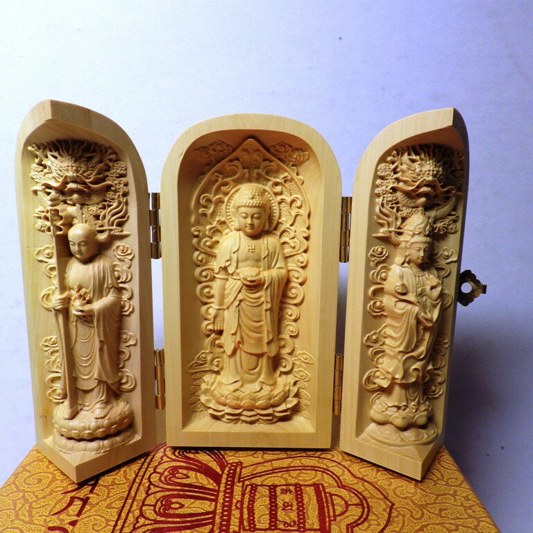 精品隨身三合一佛龕 黃楊木裟婆三聖木雕佛像