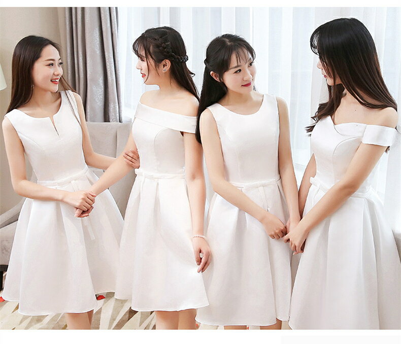 白色短款伴娘服新款緞面仙氣質姐妹團伴娘裙演出畢業小禮服女