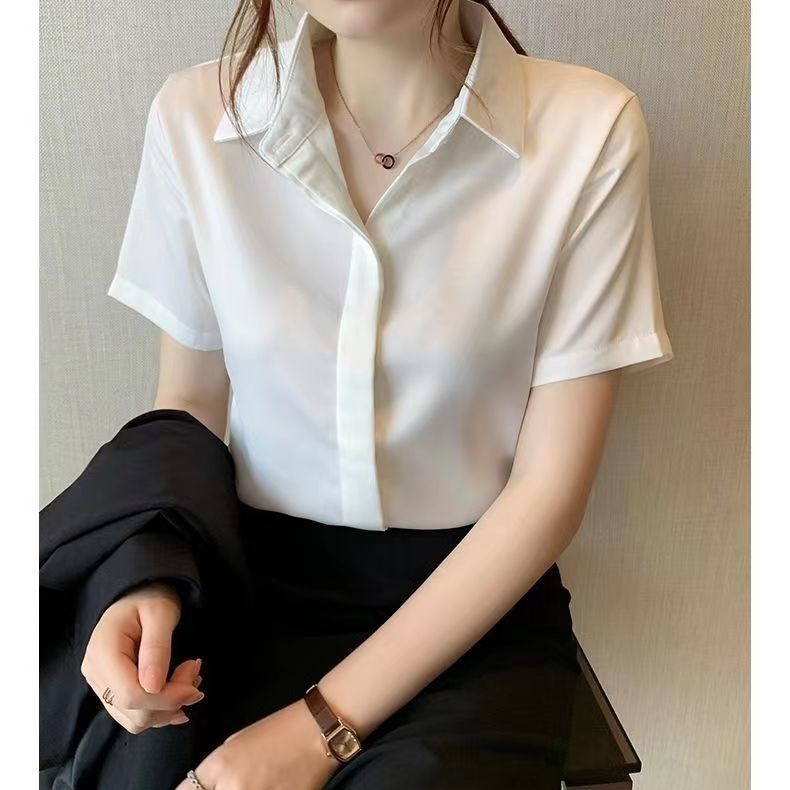 大尺碼襯衫女 2025年春夏新款抗皺雪紡學生白色襯衫女短袖OL氣質洋氣襯衣正裝女