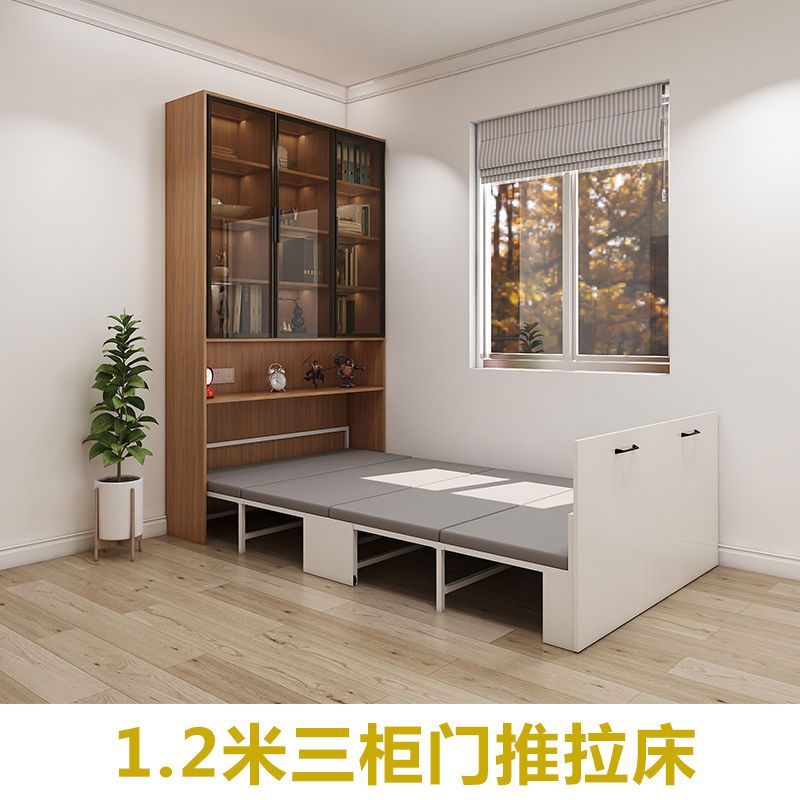 伸縮床 折疊沙發 隱形床折疊床伸縮折疊書桌一體雜物櫃組合玻璃書櫃午休實木書櫃LL4800