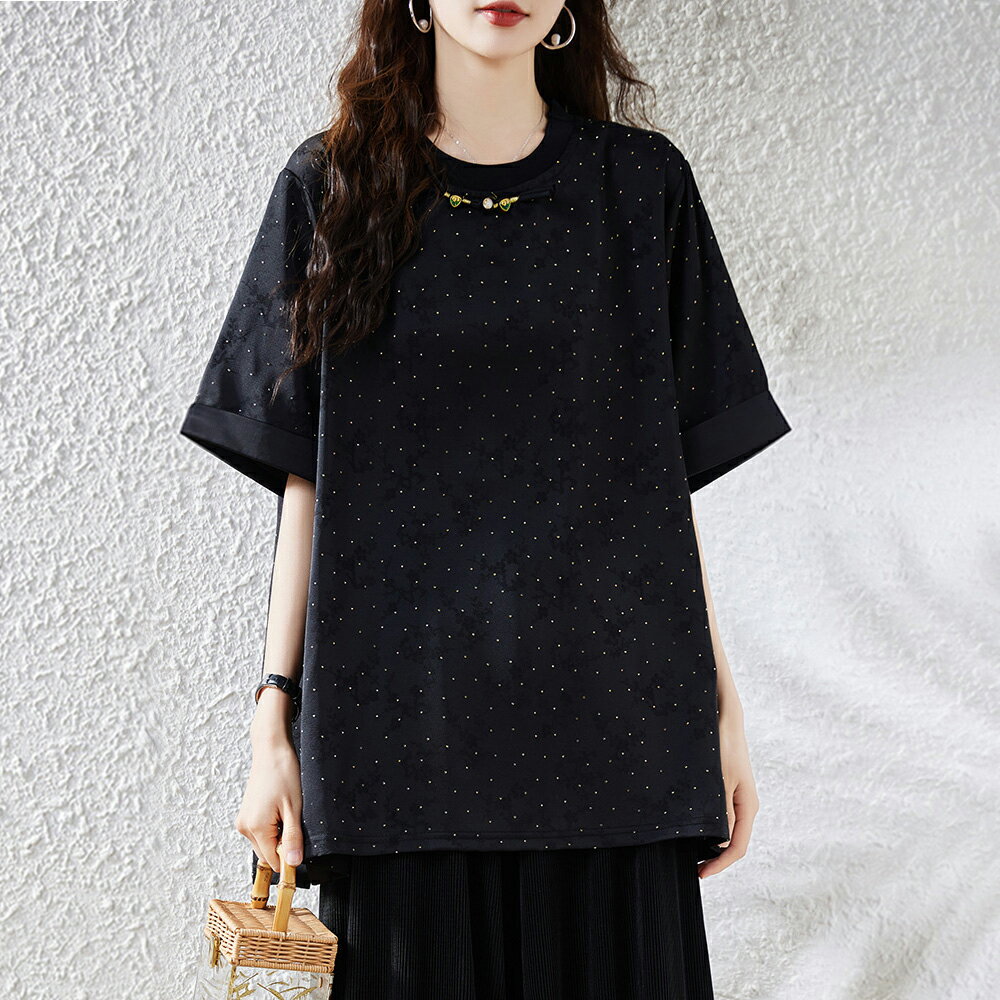 ＊ORead＊圓領盤扣燙鑽緹花休閒上衣(黑色L~5XL)