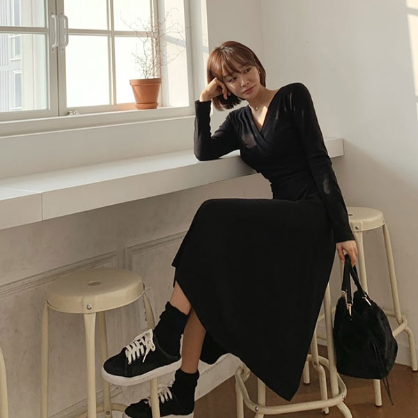 ANNAS 正韓V領洋裝交叉綁腰長裙長洋裝長袖連身裙 顯瘦性感棉質過年新年尾牙春酒紅色韓國 8