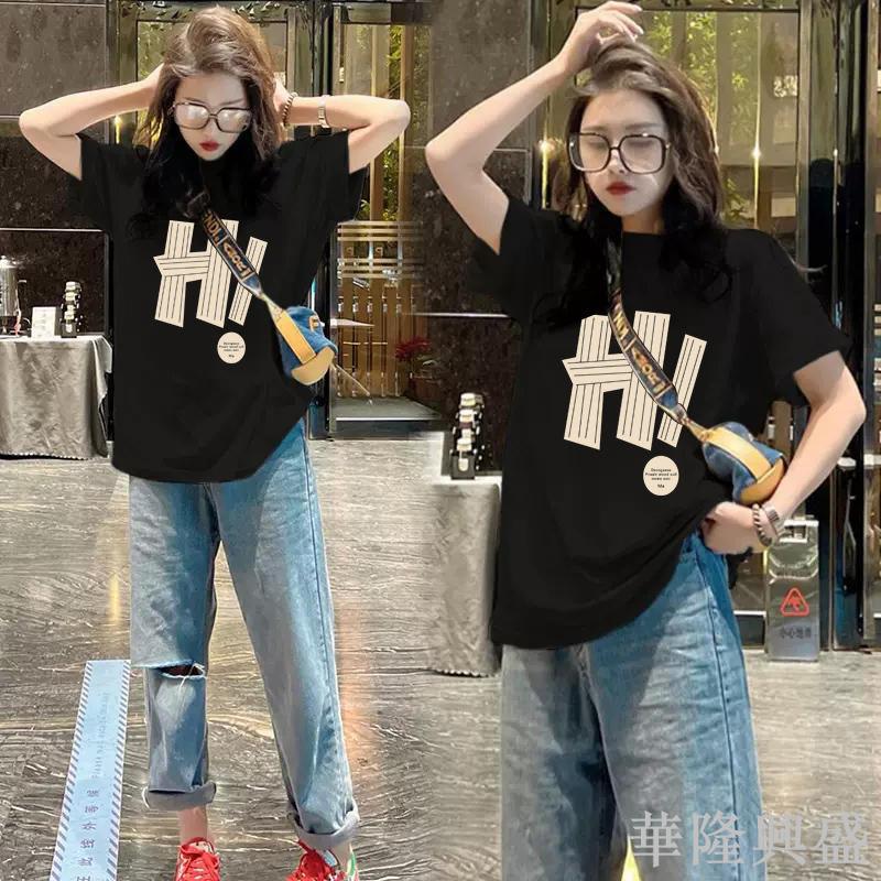 100%純棉短袖t恤女2023新款夏季寬松印花顯瘦中長款上衣
