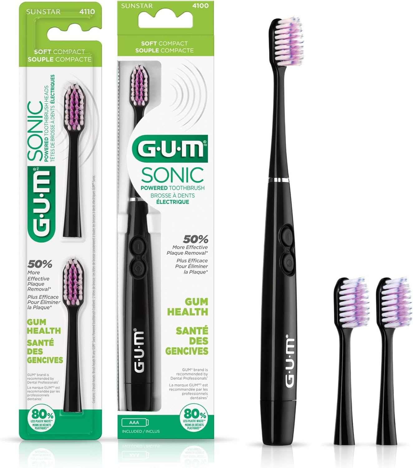 [5美國直購] Sunstar GUM 音波 電動牙刷 4100 黑+2 替換牙刷頭 AAA電池式 軟毛細毛 旅行便攜 Sonic Toothbrush