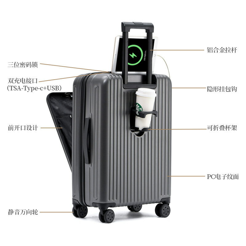 前開口小行李箱20寸拉桿箱可登機拉鏈磨砂24寸旅行箱箱包皮箱【Snowbelle優選】