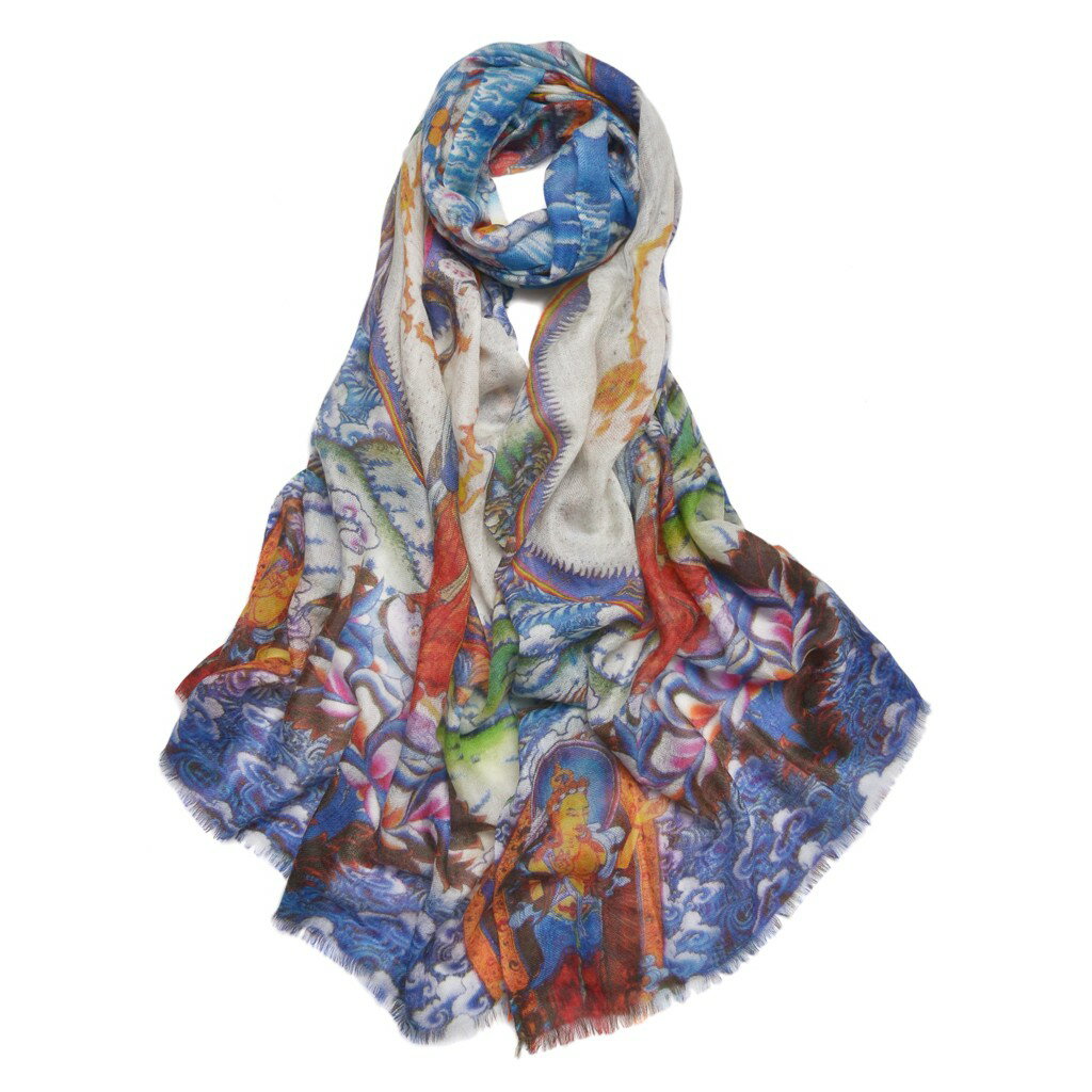 大白傘蓋佛母藍色 藏佛教唐卡圍巾SWC815 高端羊絨印花圍巾