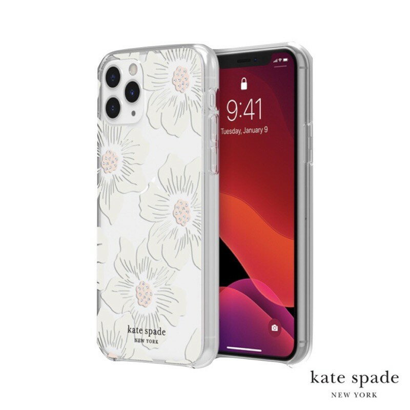 強強滾p-Kate Spade iPhone 11 Pro Hollyhock Floral 白色大花透明殼+小鑲鑽