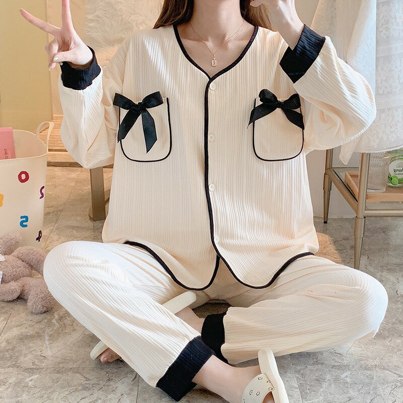 睡衣女2022年春秋新款甜美ins日系簡約純棉長袖小香風家居服套裝